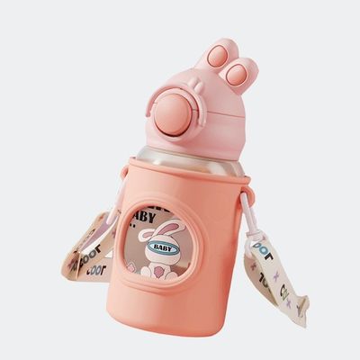 680ml 만화 빨대 실리콘 가죽 덮개 진공 단열 물병 어린이 어린이