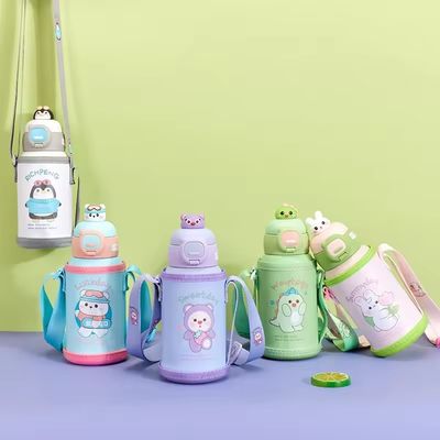 스테인레스 스틸 만화 듀얼 벽 진공 아이 아이 단열 물병 빨대 뚜??