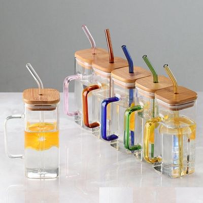 400Ml 평면 색상 손잡이 유리 컵과 대나무 뚜?? 과 빨대 주류 가정용 음료