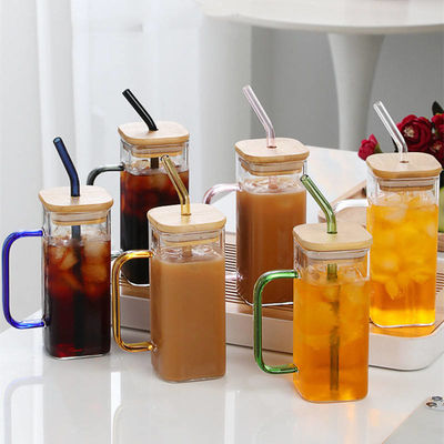 400Ml 평면 색상 손잡이 유리 컵과 대나무 뚜?? 과 빨대 주류 가정용 음료