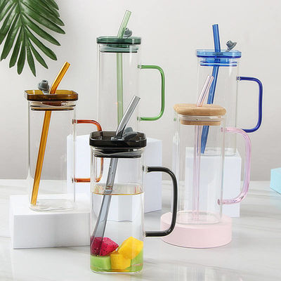 400Ml 평면 색상 손잡이 유리 컵과 대나무 뚜?? 과 빨대 주류 가정용 음료