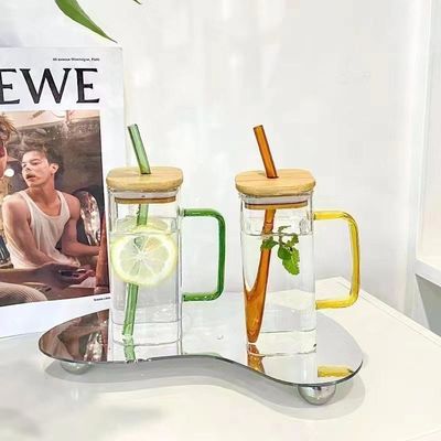 400Ml 평면 색상 손잡이 유리 컵과 대나무 뚜?? 과 빨대 주류 가정용 음료