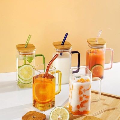 400Ml 평면 색상 손잡이 유리 컵과 대나무 뚜?? 과 빨대 주류 가정용 음료