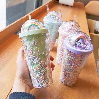 크리에이티브 아이스크림 듀얼 월 550ml 플라스틱 컵 짚 맞춤 색상 유니섹스