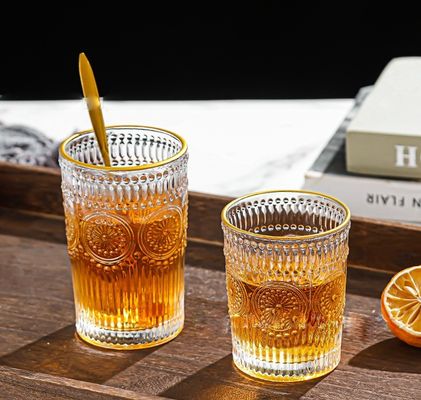 380ml 레트로 엠브로스 된 금 경계 유리 잔 햇꽃 엠브로스 된 유리 물 잔