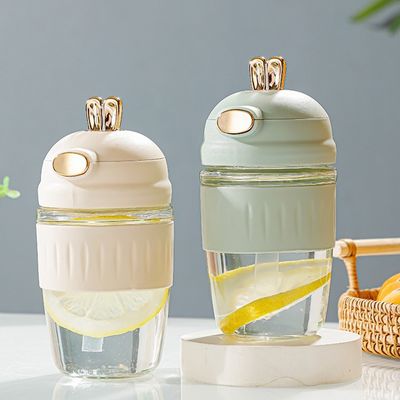 420ml 유리 토끼 귀 실리콘 세트 섬세한 선물 어린이 짚이 있는 유리 병