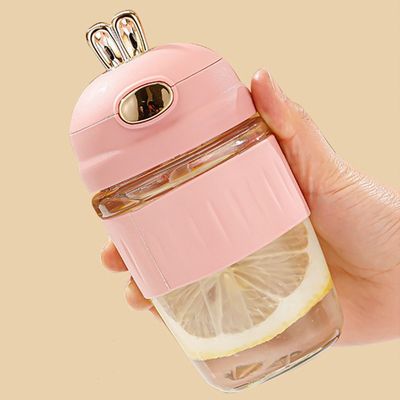 420ml 유리 토끼 귀 실리콘 세트 섬세한 선물 어린이 짚이 있는 유리 병