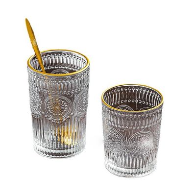 300ML/380ML 용량 직선 햇꽃 엠보스 된 유리 물 잔 레트로 스타일