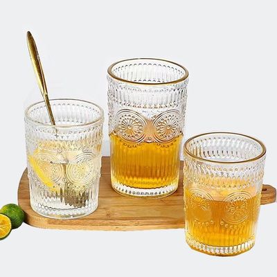 OEM 크리에이티브 레트로 엠보스드 선플라워 위스키 우유 주스 텀블러 유리 열 저항 물 컵