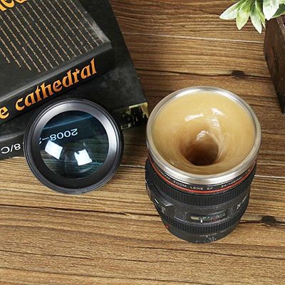 독특한 400ml 단열 자동 회전 믹싱 카메라 렌즈 모양 차 커피 머그