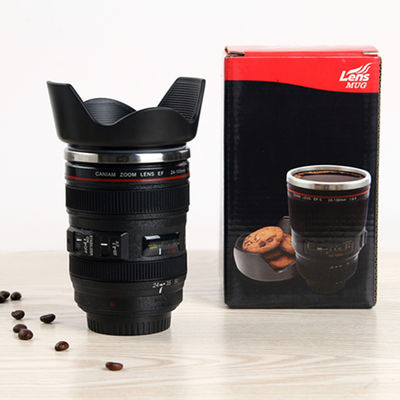 독특한 400ml 단열 자동 회전 믹싱 카메라 렌즈 모양 차 커피 머그