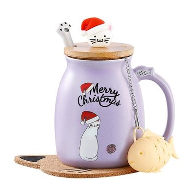 마티리얼 세레믹 380ml 3D 고양이 디자인과 대나무 뚜?? 이 있는 귀여운 세레믹 커피컵