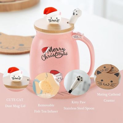 마티리얼 세레믹 380ml 3D 고양이 디자인과 대나무 뚜?? 이 있는 귀여운 세레믹 커피컵