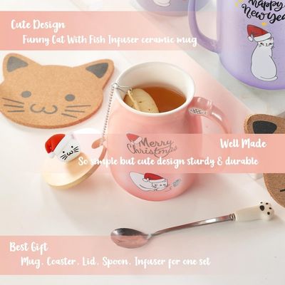 마티리얼 세레믹 380ml 3D 고양이 디자인과 대나무 뚜?? 이 있는 귀여운 세레믹 커피컵