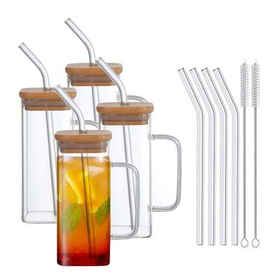 파티 행사 350ML Custom Clear Square Glass Cold Beer Mug with Bamboo Cover and Straw [배임 뚜?? 과 빨대 와 함께]