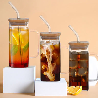 파티 행사 350ML Custom Clear Square Glass Cold Beer Mug with Bamboo Cover and Straw [배임 뚜?? 과 빨대 와 함께]