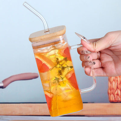파티 행사 350ML Custom Clear Square Glass Cold Beer Mug with Bamboo Cover and Straw [배임 뚜?? 과 빨대 와 함께]