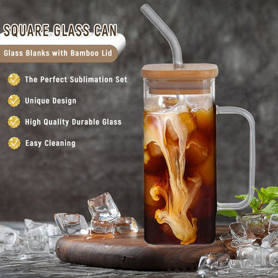 파티 행사 350ML Custom Clear Square Glass Cold Beer Mug with Bamboo Cover and Straw [배임 뚜?? 과 빨대 와 함께]