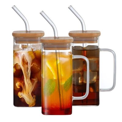 파티 행사 350ML Custom Clear Square Glass Cold Beer Mug with Bamboo Cover and Straw [배임 뚜?? 과 빨대 와 함께]