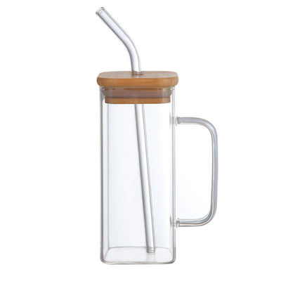 파티 행사 350ML Custom Clear Square Glass Cold Beer Mug with Bamboo Cover and Straw [배임 뚜?? 과 빨대 와 함께]
