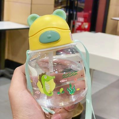 450ml PC 플라스틱 귀여운 곰 모양의 물컵 짚과 로프 뚫을 수 없는 물병