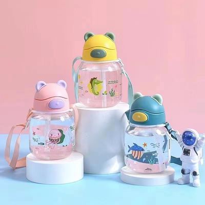 450ml PC 플라스틱 귀여운 곰 모양의 물컵 짚과 로프 뚫을 수 없는 물병