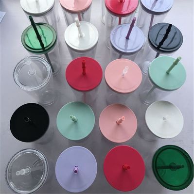야외 맑은 분홍색 녹색 16oz 24oz 단열 된 이중 벽 플라스틱 아크릴 컵 뚜?? 과 빨대