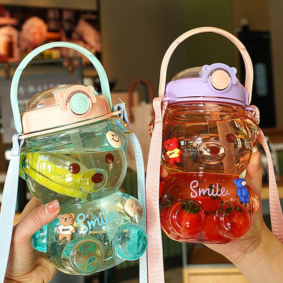 체육관 여름 아이 휴대용 귀여운 곰 모양 물병 빨대 1000ml 큰 용량