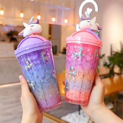 성인 430ML 귀여운 비행 유니콘 얼음 플라스틱 물병 컵 빨대와 유니콘 뚜??