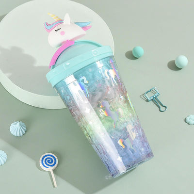 430ml 이중 벽 플라스틱 냉동 음료 아이스크림 컵 빨대 귀여운 유니콘 디자인