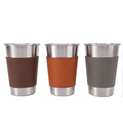 170ML 330ML 500ML 스테인레스 스틸 맥주 머그 가동 캠핑 물컵 가죽 케이스