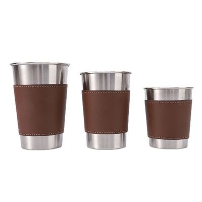 170ML 330ML 500ML 스테인레스 스틸 맥주 머그 가동 캠핑 물컵 가죽 케이스