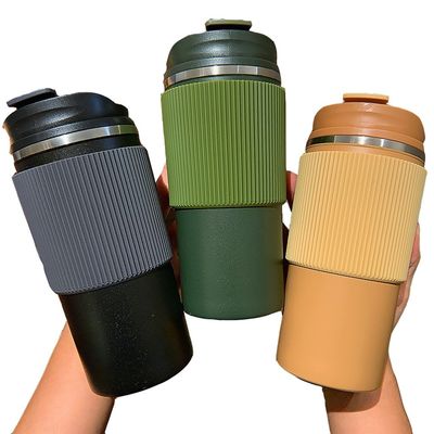 오피스 컵 450ml 이중 벽화 스테인레스 스틸 여행 커피 컵 실리콘 케이스