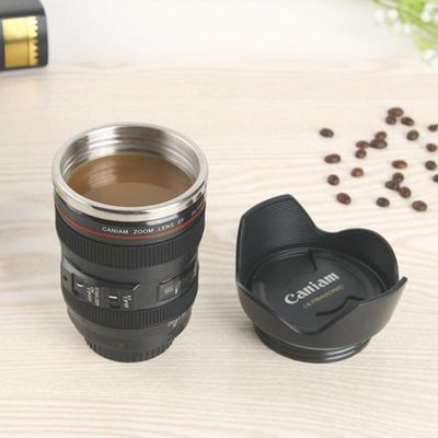 253.4g 이중 벽 스테인레스 스틸 카메라 렌즈 사진 애호가용 커피 머그